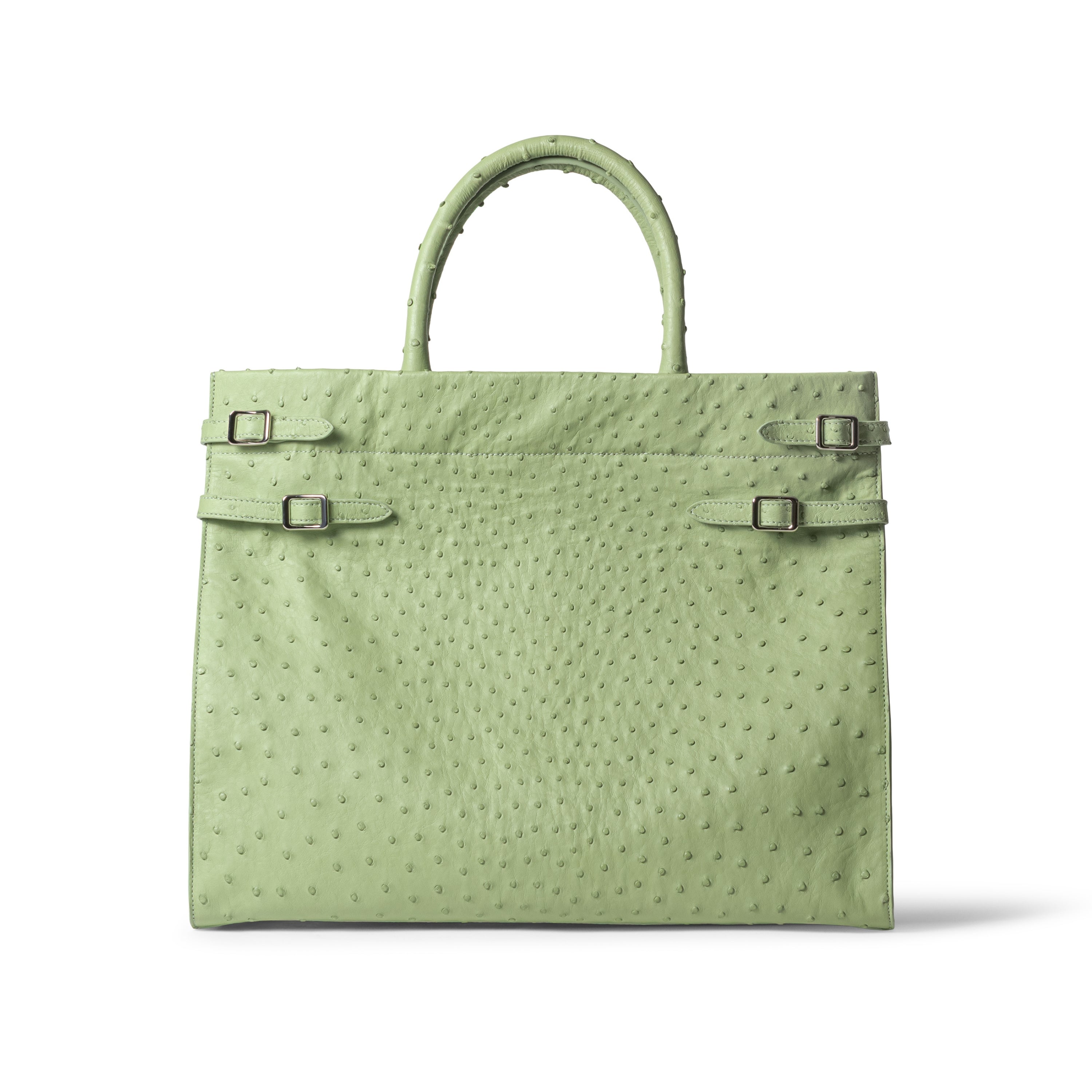 Ostrich leather tote bag in linden green - luxury Italian handbag with quill texture