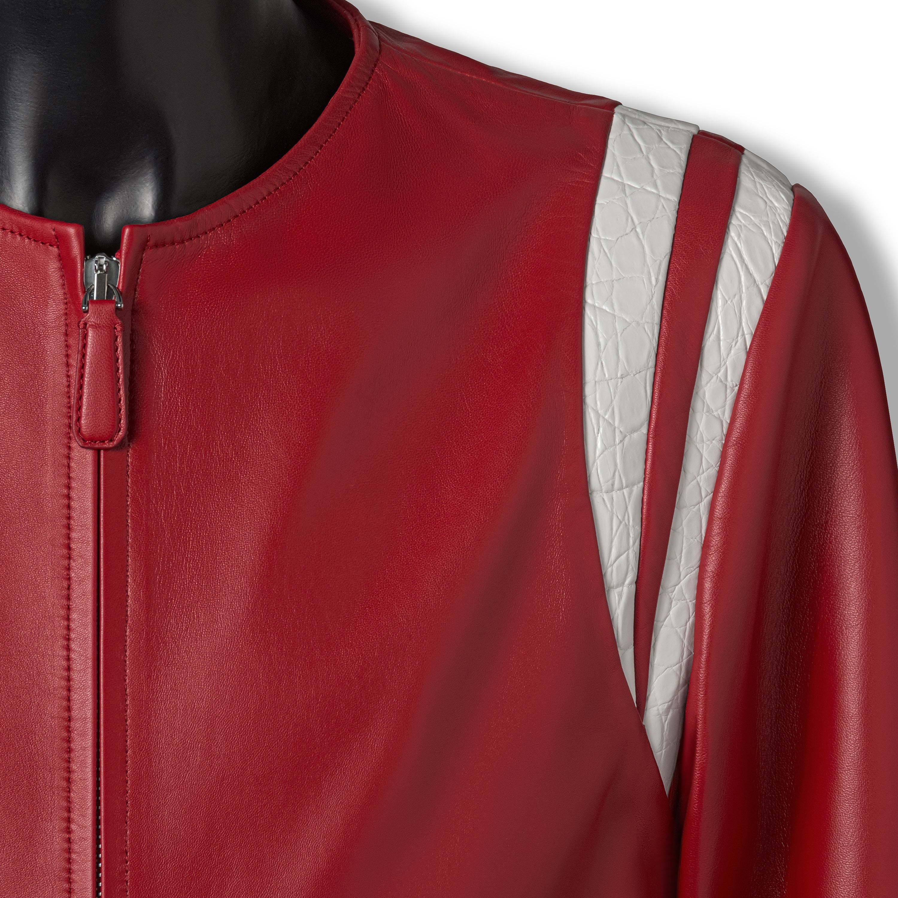 JACK varsity jacket red - premium Nappa leather close-up showing texture