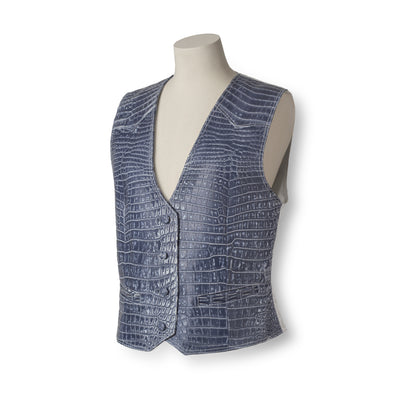 Denim crocodile leather short vest with silk lining - luxury Italian outerwear