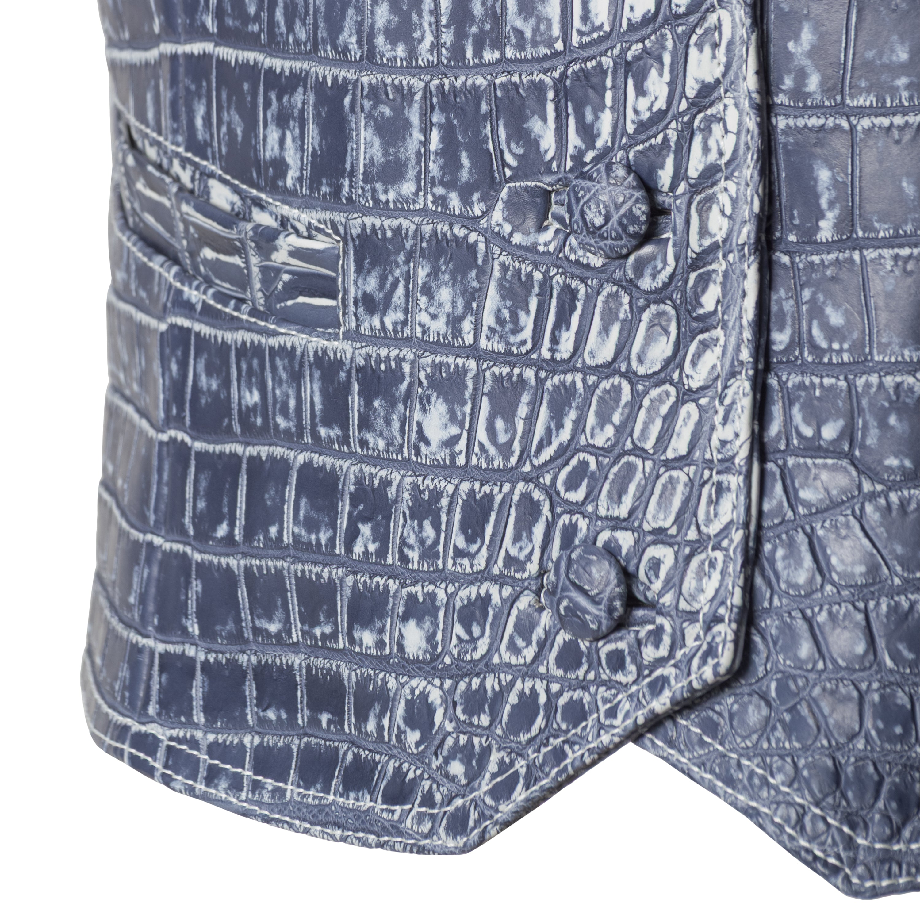 Italian crocodile vest detail - croc-covered buttons and silk lining