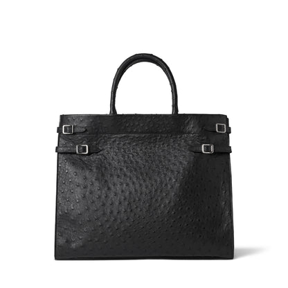 Ostrich leather tote bag in black - luxury Italian handbag with quill texture