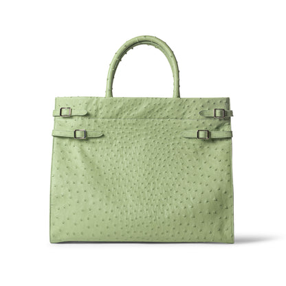 Ostrich leather tote bag in linden green - luxury Italian handbag with quill texture