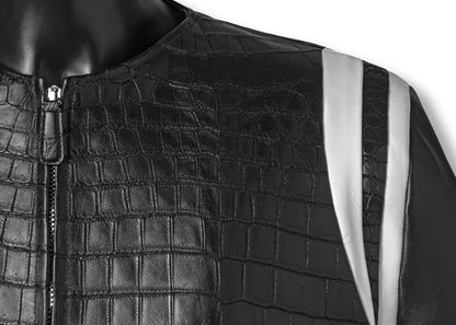 JACK varsity jacket - premium leather close-up showing crocodile insert detail