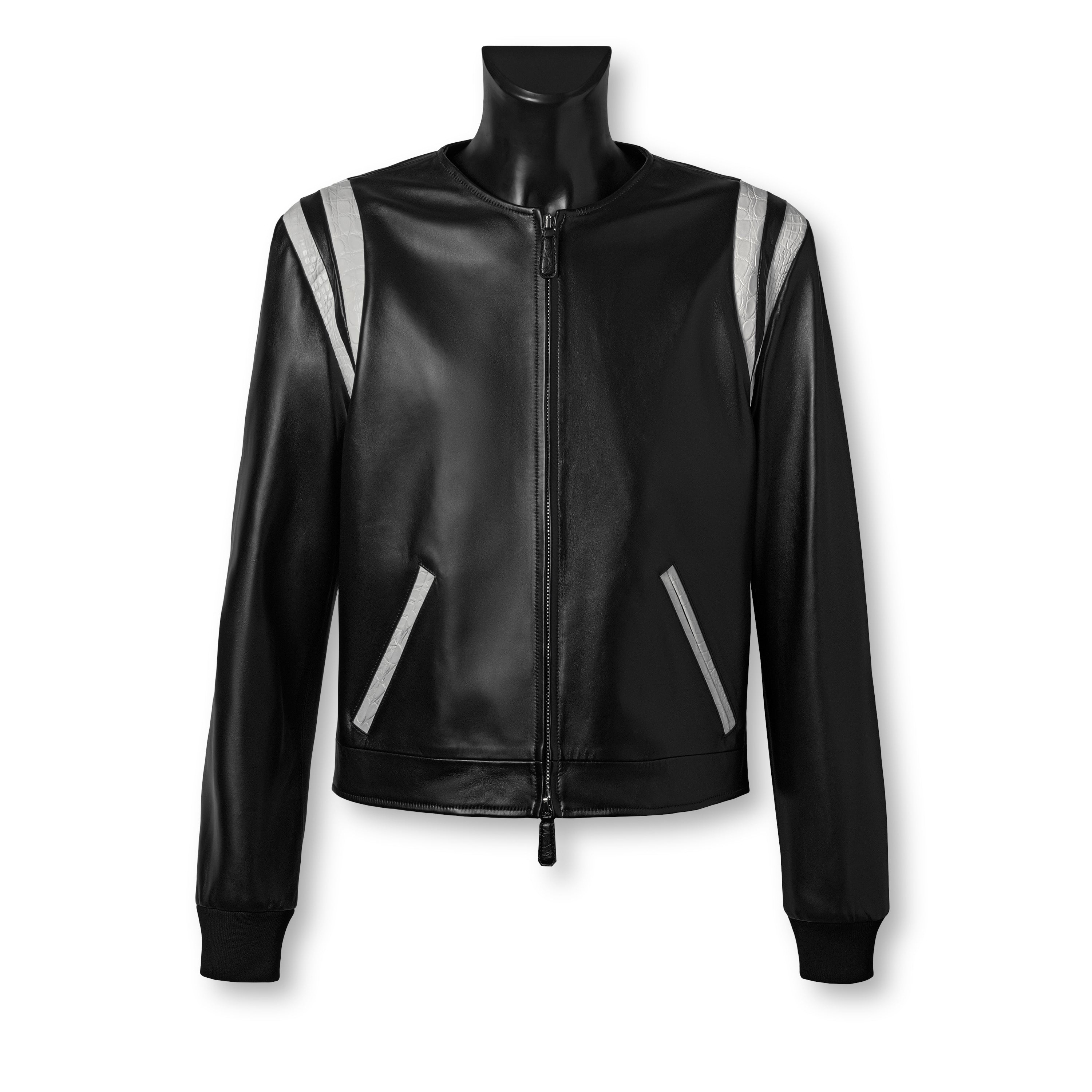 Black Nappa leather varsity jacket with crocodile details - JACK luxury Italian outerwear