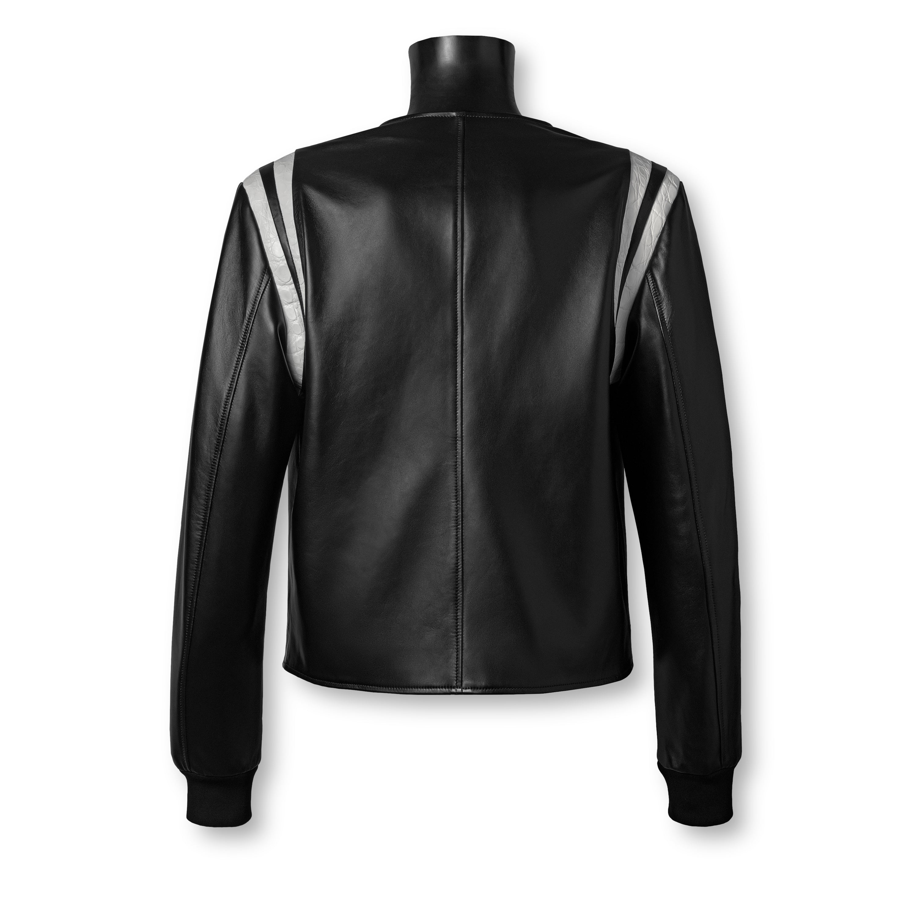 JACK varsity jacket black - premium Nappa leather back view with crocodile insert