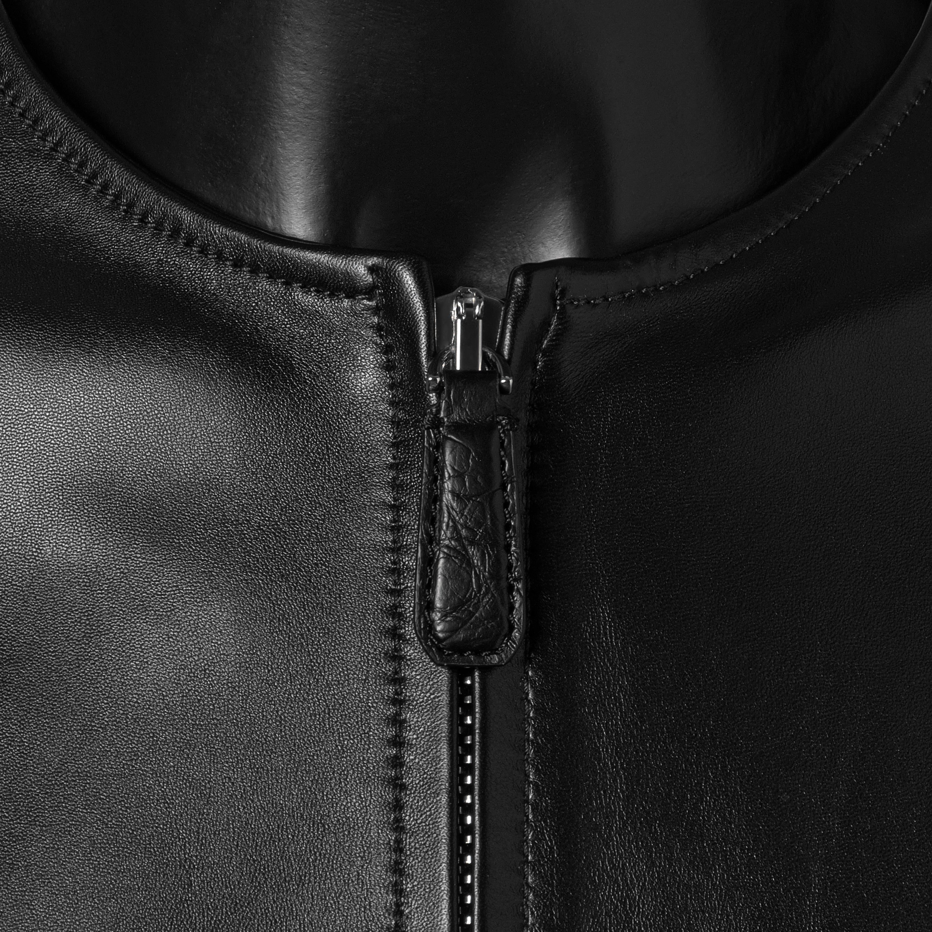 Nappa varsity jacket black - collar and crocodile insert close-up