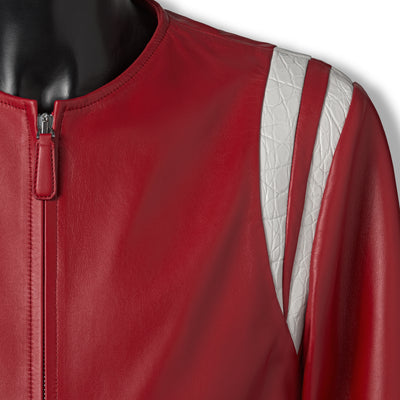 JACK varsity jacket red - premium Nappa leather close-up showing texture